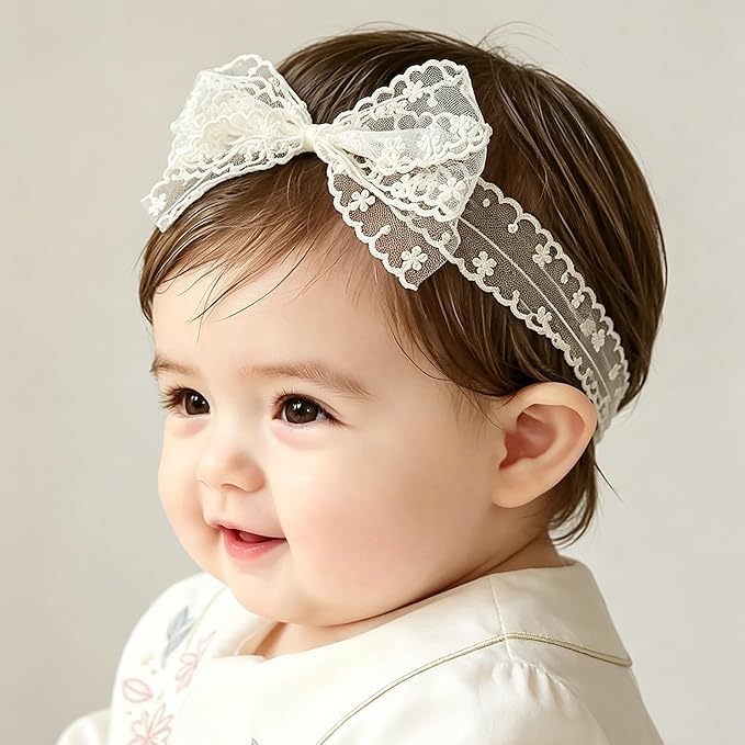 Baby Girls Bow Lace Headband Cute Soft Hairband White Butterfly Knot Headbands for Newborn Infants Toddlers Kids Christening Baptism Birthday Party Hair Accessories（Beige）