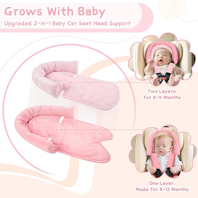 Pea Pod Baby Car Seat Head Body Support & Strap Covers, 2 in 1 Infant Car Seat Insert, Reversible Soft Breathable Newborn Cushion Pads for Preemie, Perfect for Baby Carseats, Strollers, Swings (Pink)