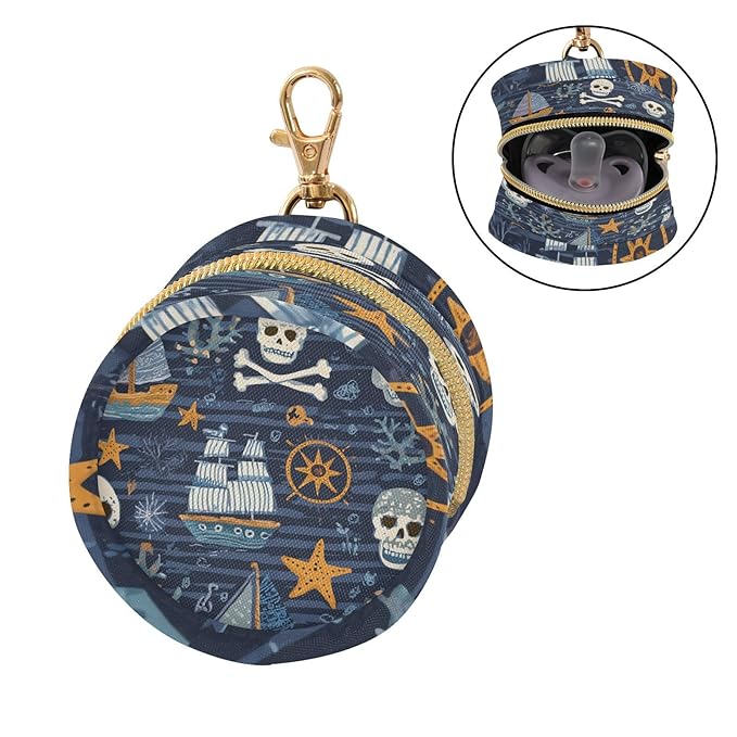 Pacifier Holder with Clip Pacifier Case for Diaper Bag Round Baby Pacifier Pouch Box Bag Portable Blue Pirate Skulls Sailboats Starfish and Compass