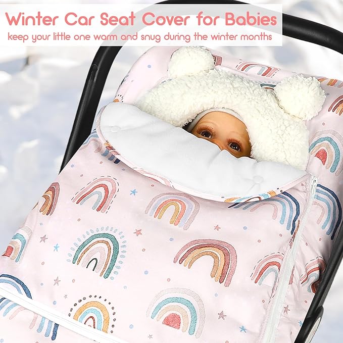 Winter Car Seat Cover Baby Girl Boy, Warm & Windproof Infant Carseat Cover Canopy Protect Baby from Cold Weather, Plush Fleece, Pink Rainbow