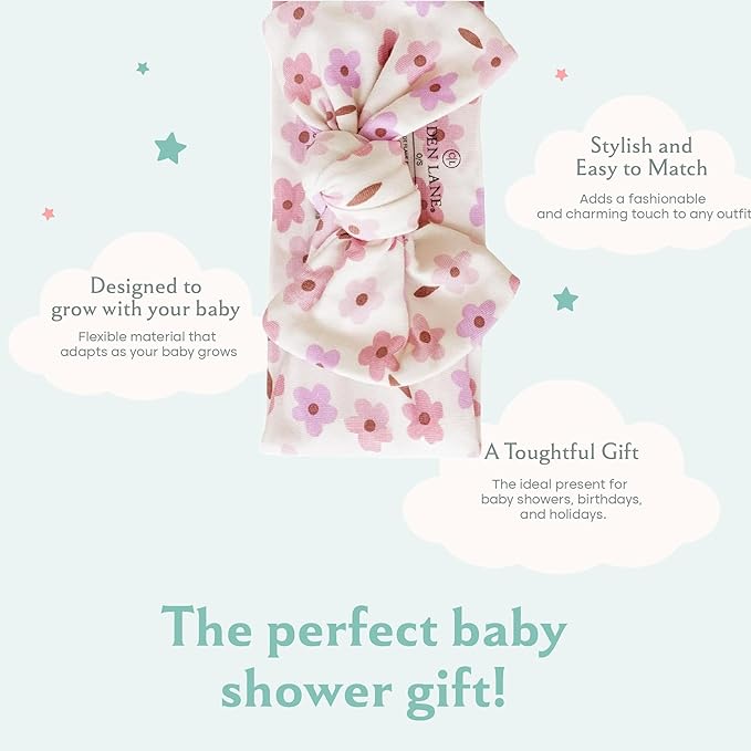 Caden Lane Baby Headwrap with Knotted Bow, Soft & Stretchy Bamboo Viscose, Comfortable Infant Hairband for Newborn & Toddler Girls, Ideal Gift for Baby Shower & Milestone Celebration, Blushing Blooms