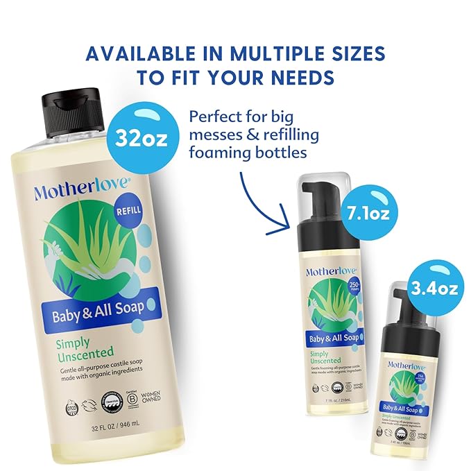 Motherlove Baby & All Soap (32 oz) Gentle Foaming All-Purpose Castile Soap Made with Organic Ingredients – Simply Unscented (Pack of 2)