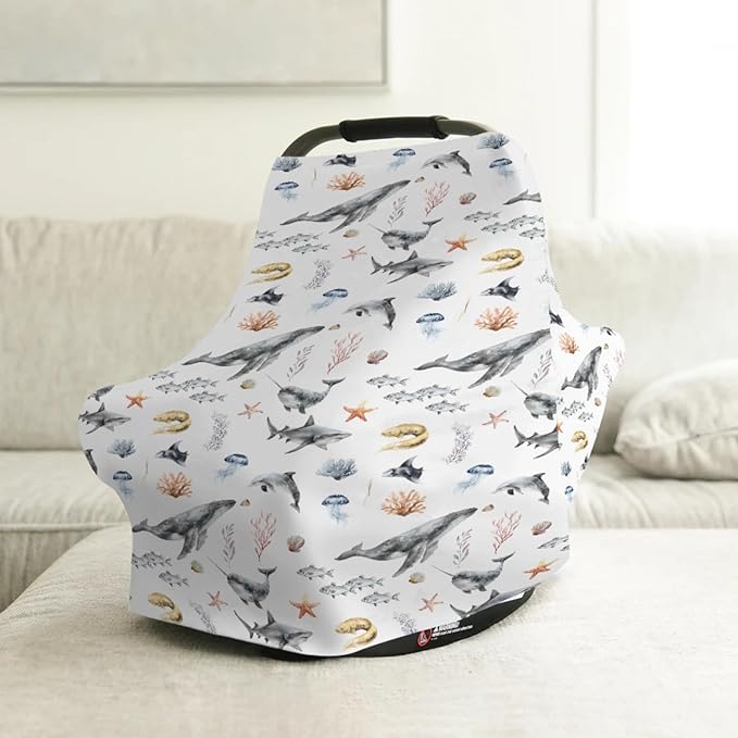 Baby Boys 5-in-1 Car Seat Covers Under Water Sea Animals, Ocean Creature Whale Fish Multi-use Privacy Nursing Breastfeeding Cover, Marine Life Carseat Canopy Carrier Newborn Infant Shower Gift