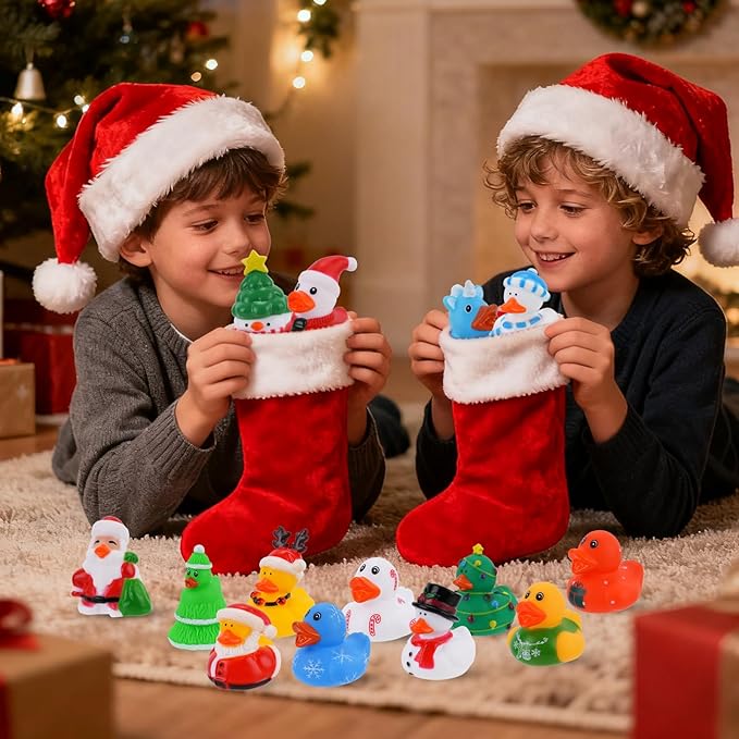 18pcs Christmas Mini Rubber Ducks Toys, Bath Duck Bulk Float Duck Baby Showers Accessories, Bath Toys for Kids Christmas Birthday Party Favors Gift Classroom Summer Beach Pool Party Games