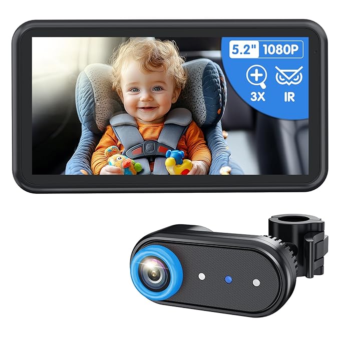 LUCKVIEW BM2A Baby Car Camera – 3X Zoom to See Baby Clearly, 5.2" 1080P Display & Auto IR Night Vision, Rear-Facing View Monitor, Easy Install for Parents & Pet Owners