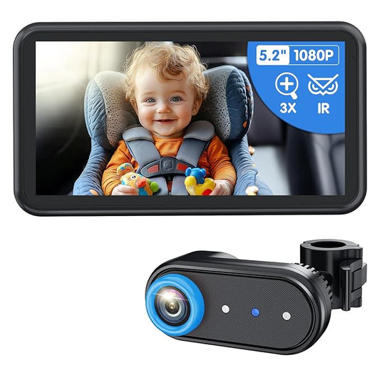 LUCKVIEW BM2A Baby Car Camera – 3X Zoom to See Baby Clearly, 5.2" 1080P Display & Auto IR Night Vision, Rear-Facing View Monitor, Easy Install for Parents & Pet Owners
