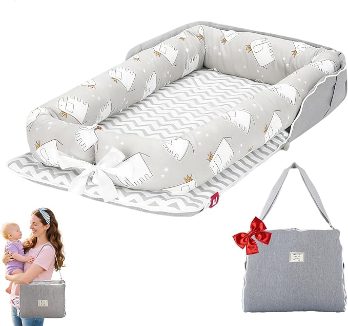 Baby Lounger for Newborn-Portable Baby Lounger 0-24 Months for Home and Travel,Newborn Loungers with Strap, Baby Nest Lounger Adjustable Size,Little Elephant Grey