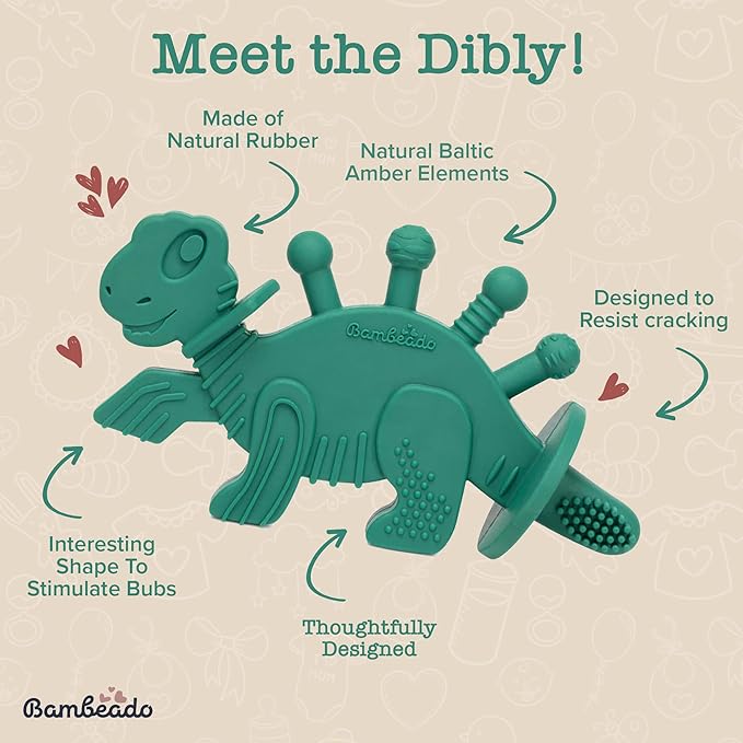 Bambeado Dibly Baby Teething Toy - Made with Natural Rubber & Amber Elements - Easy to Hold, Simple to Clean - Cute Dinosaur Teether Toy - Alternative to Amber Teething Necklace Green