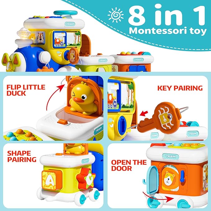 Montessori Toys for 1 Year Old Boy Girl, Musical Train Baby Toys 6-12 Months, 8 in 1 Activity Cube with Light Sound, Educational Gifts for Toddlers 1-3