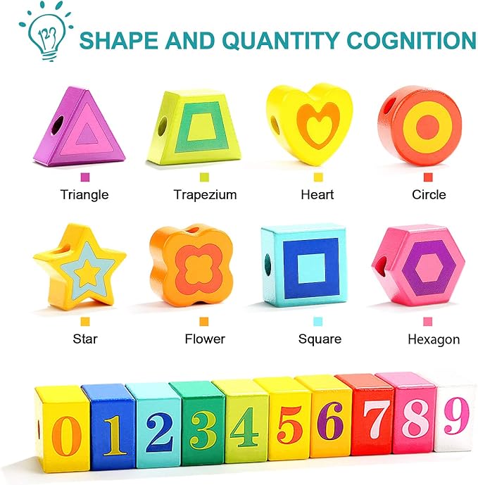 TOP BRIGHT Wooden Lacing Beads for Toddlers, Kids Fine Motor Skills Montessori Toys for 1 2 Year Old Girls Boys, Threading Toys for Two Year Old Girl Birthday Gifts