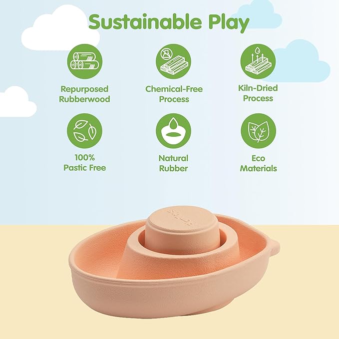 PlanToys® Pastel Orange Rubber Convertible Boat Montessori Water and Sensory Play Toy | Cause & Effect, Imagination and Exploration Activity | Eco Friendly Floating Bath Toy