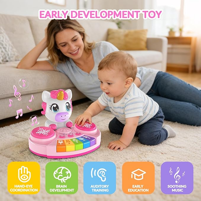 Unicorn Baby Piano Toy with Animal Sounds, Light Up Musical Keyboard, Educational Toddler Learning Toys for 1 Year Old Girl, Birthday Gifts 6+ Months