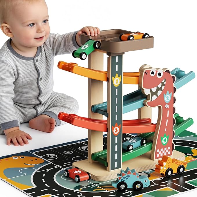 Montessori Car Ramp Toy for Toddlers 1 2 3 Year Old Wooden Dinosaur Race Track with 6 Cars & Parking Garage Kids Play Cars & Race Cars Birthday for 1-3 Boys Girls Baby Motor Skills Toy