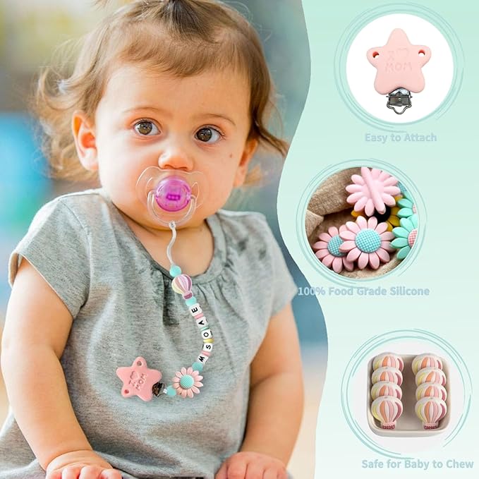 Personalized Baby Name Pacifier Clip Dummy Soother Pacifier Flower Clip Holder Strap Chain Gift (Flower 3)