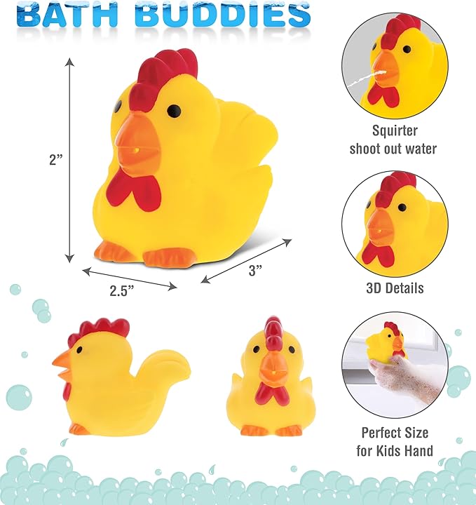 DolliBu Rooster Bath Buddy Squirter - Floating Yellow Chicken Rubber Bath Toy, Fun Water Squirting Bathtime Play For Toddlers, Cute Farm Barn Animal Toy For The Bathtub, Beach, & Pool for Girls & Boys