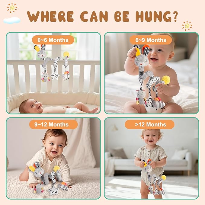 Baby Spiral Activity Toy, Stroller & Car Seat Hanging Toy for 0-12 Months, High Contrast Newborn Sensory Toy with Rattle & Crinkle Paper, Infant Travel Plush Toy for Crib Bassinet