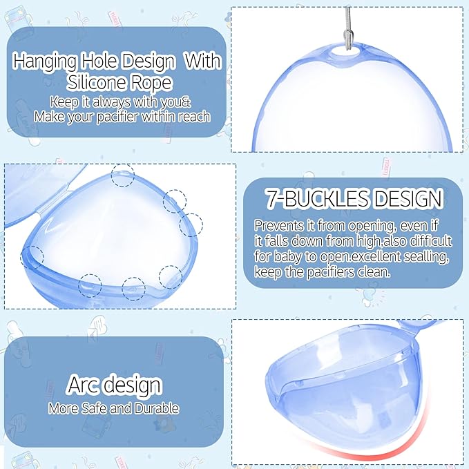 Nisxabebe Pacifier Case,4 Pack BPA Free Pacifier Holder Case with Lanyard for Diaper Bag,Pacifier Container Box for Baby Binky Nipple Travel,Essential Pacifier Accessories,Easy to Clean,Blue