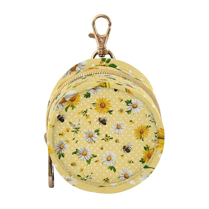 Pacifier Holder with Clip Pacifier Case for Diaper Bag Round Baby Pacifier Pouch Box Bag Portable Yellow Dot Bee and Daisy