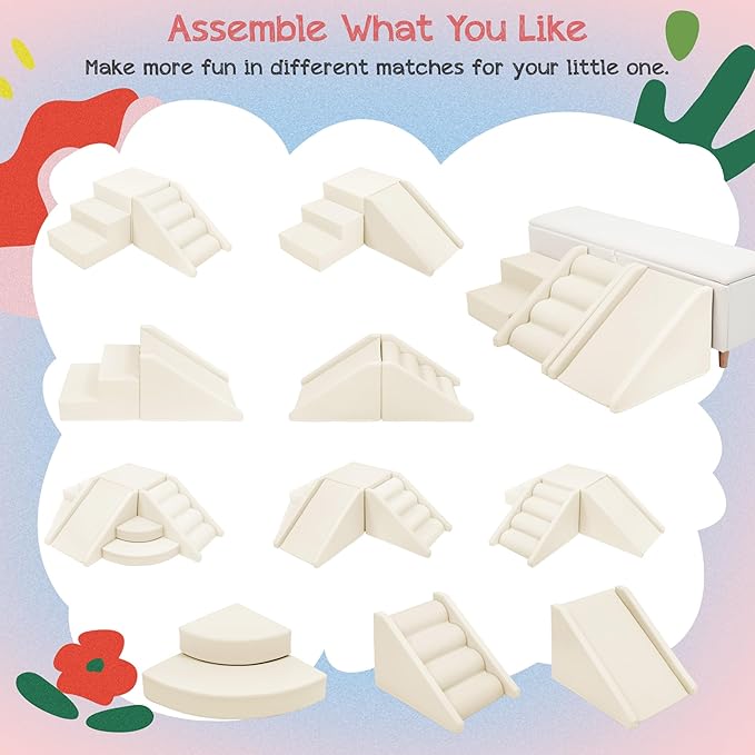 Merax Indoor Climbing Toys for Toddlers, 9-Piece Foam Climbing Blocks Climb & Crawl Tunnel Soft Play Set (9-Piece Cream)