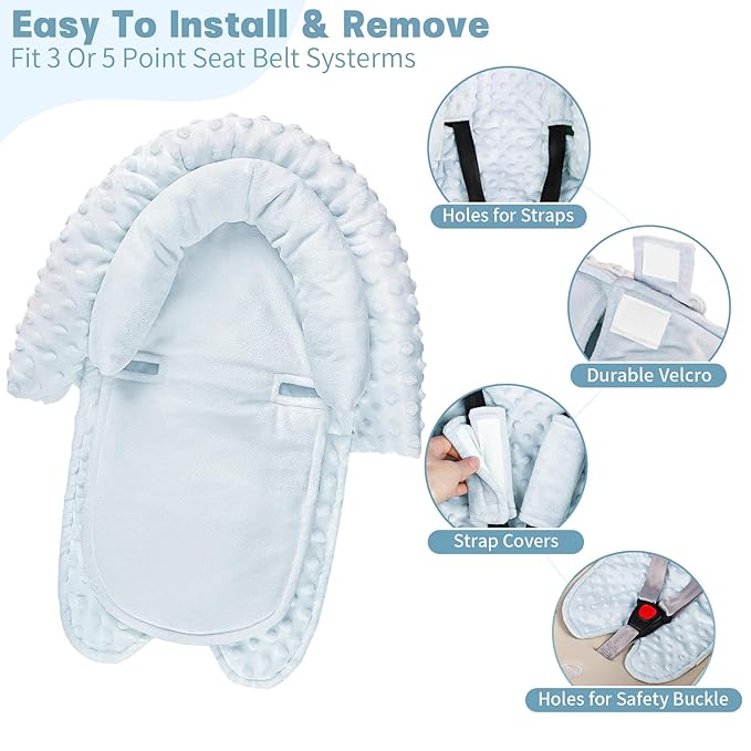 Infant Car Seat Insert, Baby Car Seat Head & Body Support with Straps Pads, Soft Newborn Preemie Carseat Insert Cushion for Girls Boys, Fits Carseat, Stroller, Swing, Bouncer, Light Blue
