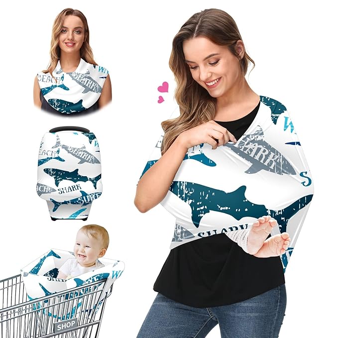 Baby Car Seat Stroller Covers Beach Shark Nursing Cover Breastfeeding Scarf Soft Breathable Stretchy Infant Car Canopy Coverage Carseat Cover for Boys and Girls Multi Use