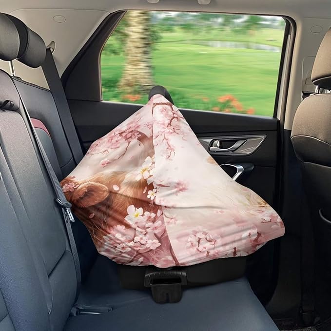 Wanyint Highland Cow Flower Pink Infant Car Seat Cover Cute Car Seat Cover for Babies, Carseat Canopy Baby Breastfeeding Stroller High Chair Shopping Cart Cover