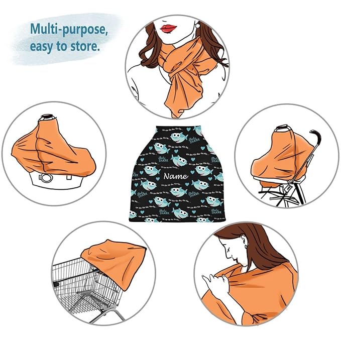 Personalized Cartoon Shark Baby Car Seat Cover for Boys Girls Newborn, Custom Baby Carseat Canopy with Name, Multiuse Nursing Covers, Infant Stroller Cover, Breastfeeding Scarf