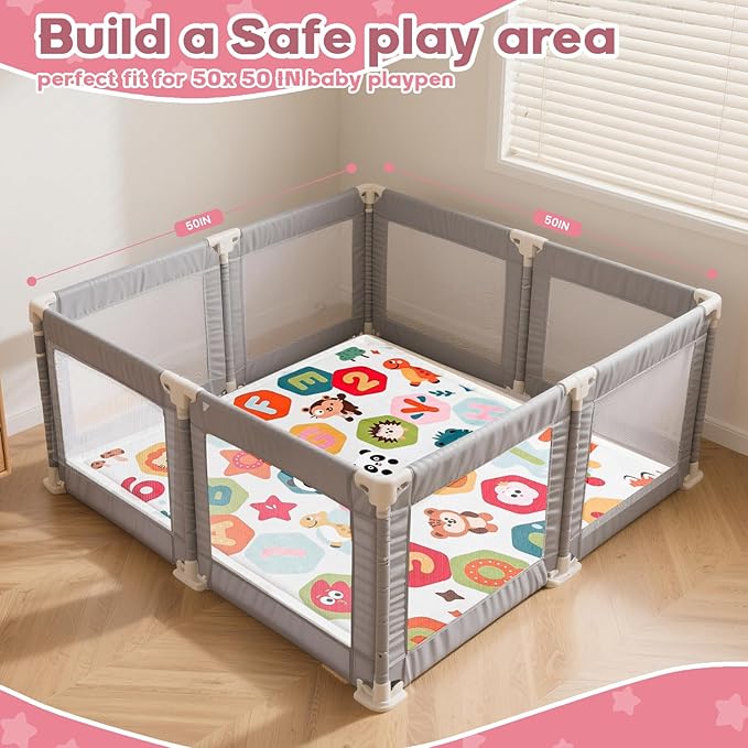 RONGFA Baby Play Mat for Floor,1.3" Thick Elasti-Foam Playpen Mat for Tummy Time, Easy Care with Non-Slip Cushioned for Infant,Kids and Toddler Crawling