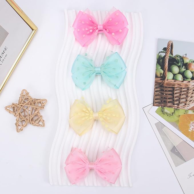 Tiny 3 Inch Dot Organza Double Hair Bow Clips - Cute Lined Boutique Alligator Hairpin for Girls, Toddlers, and Little Teens - Kids Barrettes Set of 2 Small Stylish (Yellow)