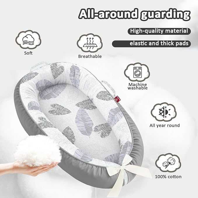 Baby Lounger - 100% Cotton Baby Lounger for Newborn with Lounger Cover, Portable Baby Nest for Home and Travel, Waterproof Lining, Newborn Babies Essentials Gifts