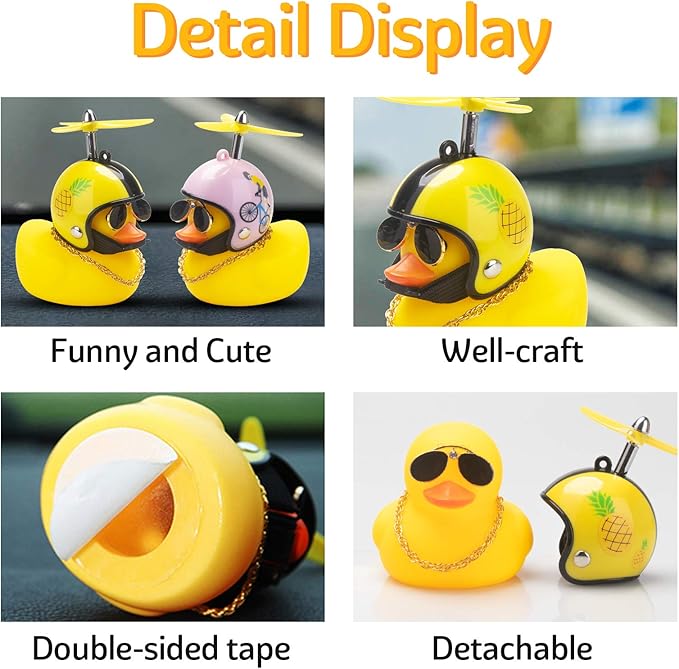 wonuu Rubber Duck Car Ornaments Cool Yellow Duck Car Dashboard Decorations Squeaky Glasses Duck with Propeller Helmet for Car ccessories Dashboard (Pineapple-Yellow G)