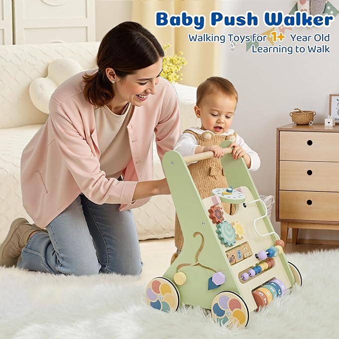 Wooden Baby Walker with Activity Center, Baby Push Walker for 1 Year Old Boys & Girls, Montessori Learning Walking Toy with Wheels, Toddler Push Toy with Storage Box 12 Months+