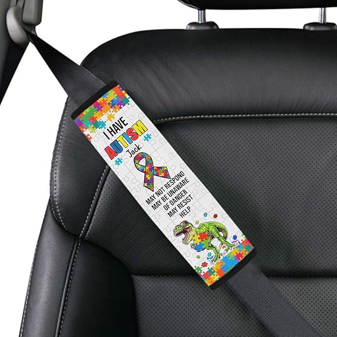 AprilLove I Have Autism Personalized Name Autism Awareness Seat Belt Covers Special Need Autistic Car Seat Belt Covers for Boys 7inch x 10inch