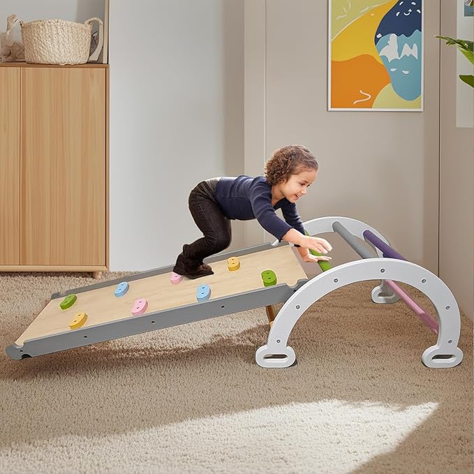 Pikler Triangle Climbing Set for Toddler 7 in 1 Rainbow Indoor Climber Set Foldable Montessori Wooden Climbing Toy with Ramp and Arch Indoor Gyms Playground for Toddlers Kids