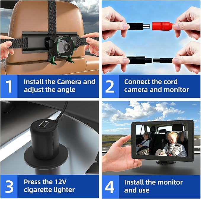 Dual Backseat Camera for 2 Kids 1080P Split-Screen Monitor Baby Camera Rear-Facing Cameras IR Night Vision 360° Rotatable Backseat Screen, Car Seat Mirror Alternative (0082 with 7in Monitor)