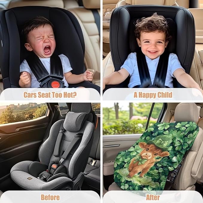 XYZCANDO St Patrick's Day Car Seat Cover Baby Travel Highland Cow Car Seat Covers for Babies Waterproof Baby Car Seating Sun Shade Cover Elastic Car Seat Sun Protection Gift for Birthday