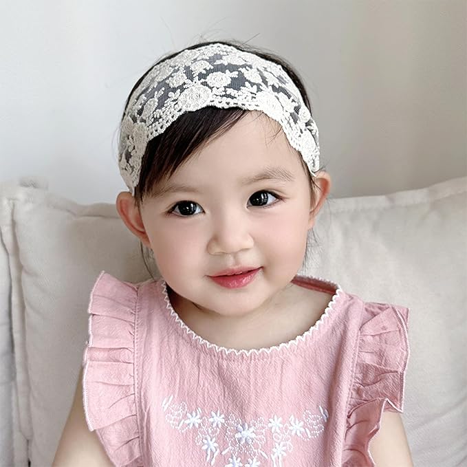 Lace White Bow-knot Baby Girls Headband Birthday Shower Infant Wrap Elastic Flower Baby Turban Hairband for Newborn Infant Toddler Kids (Flower, Elastic)