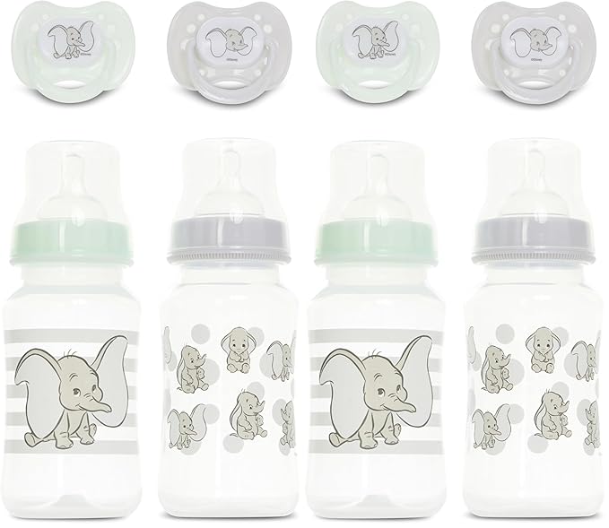 Disney Baby Bottles and Pacifiers Set – 2 Hourglass-Shaped 11oz Bottles + 2 Orthodontic Pacifiers – Officially Licensed Mickey, Minnie, Pooh & Dumbo Designs – BPA-Free Feeding Gift Set (Pack of 2)