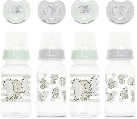 Disney Baby Bottles and Pacifiers Set – 2 Hourglass-Shaped 11oz Bottles + 2 Orthodontic Pacifiers – Officially Licensed Mickey, Minnie, Pooh & Dumbo Designs – BPA-Free Feeding Gift Set (Pack of 2)
