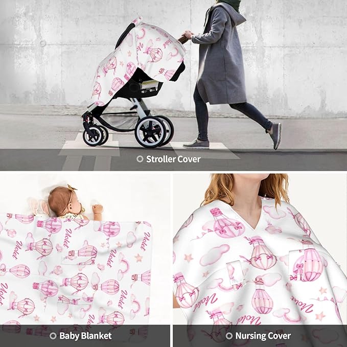 Personalized Baby Car Seat Canopy for Baby Girls, Custom Name Hot Air Balloons Baby Car Seat Covers for Babies, Opening Minky Nursing Breastfeeding Cover for Infant, Carseat Canopies for Newborn