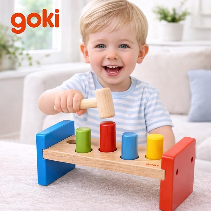 Goki Wooden Pound-A-Peg Toy with Hammer | Classic Pounding Bench for 2 Year Olds | Preschool Learning & Montessori Activity Set - Durable Educational Birthday Gift for Toddlers