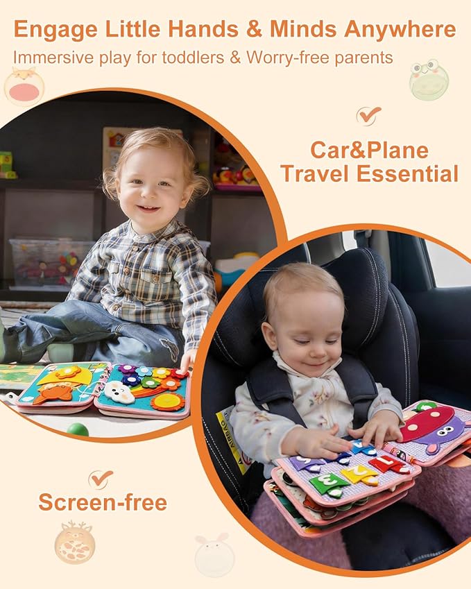 Busy Book for Toddlers 1-3, Montessori Toys for 1 Year Old, Baby Activity Quiet Books, Kids Travel Toys, Busy Board for Toddlers 3-5, Educational Learning Gifts for Boys Girls, Felt Animals Sensory