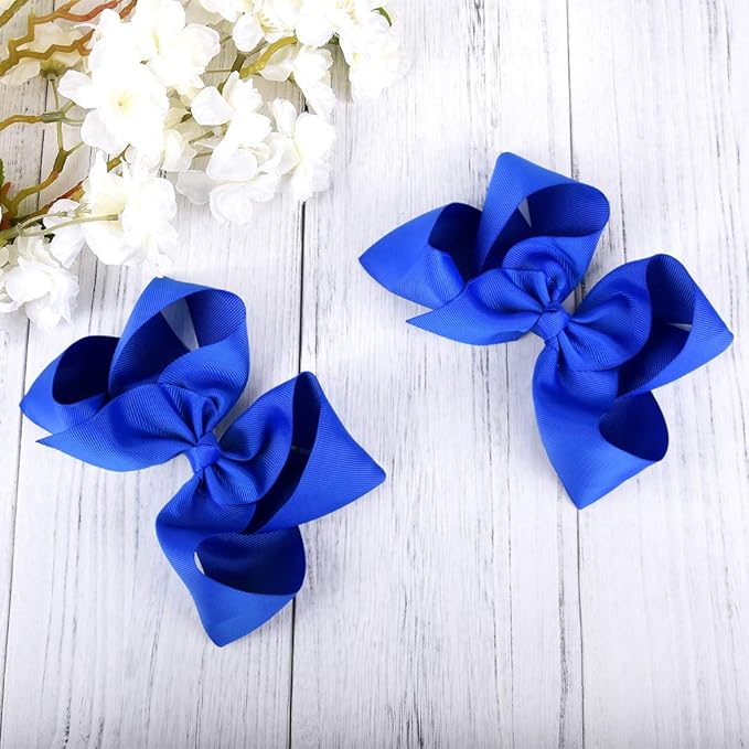 DEEKA 12 PCS 6" Big Hand-made Grosgrain Ribbon Hair Bow Alligator Clips Hair Accessories for Little Teen Toddler Girls - Roayl Blue