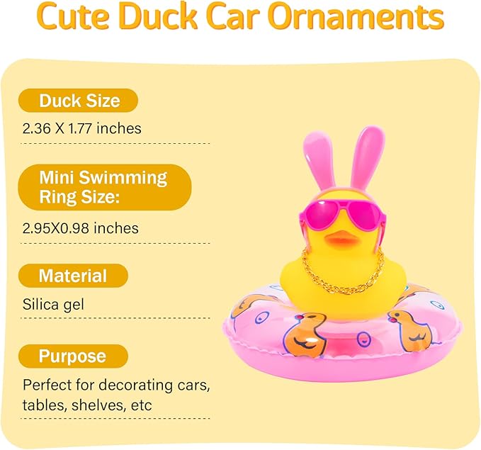 wonuu Car Duck Rubber Duck Car Ornaments Duck Car Dashboard Decorations with Cute Headband Swim Ring Necklace Sunglasses, B-Pink Long Rabbit Ear Headband
