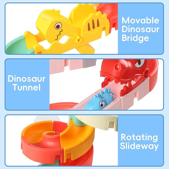 72 PCs Dinosaur Bath Toys for Kids Ages 4-8, Bathtub Water Slide Toys for Toddlers, DIY Building Set with Rubber Dino Bath Toys for Birthday Gifts