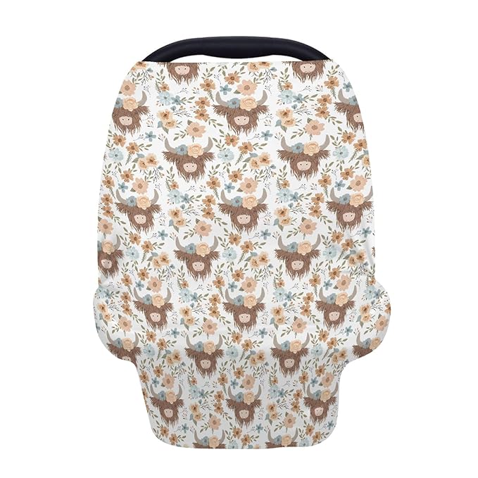 5-in-1 Unisex Western Farm Cow Flowers Pattern Baby Carseat Stroller Cover for Boys Girls, Highland Cow Floral Infant Toddler Privacy Nursing Breastfeeding Canopy, Grocery Shopping Cart Cover-24x28