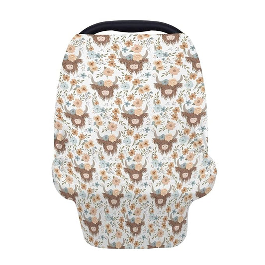 5-in-1 Unisex Western Farm Cow Flowers Pattern Baby Carseat Stroller Cover for Boys Girls, Highland Cow Floral Infant Toddler Privacy Nursing Breastfeeding Canopy, Grocery Shopping Cart Cover-24x28