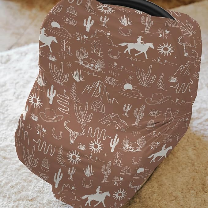 Western Cowboy Car Seat Cover for Babies Wild West Cactus Mountain Snake Cattle Skull Sun Stretchy 5-in-1 Covers Adjustable Car Canopy Breastfeeding Cover Desert Adventure Breathable Nursing Cover-Up