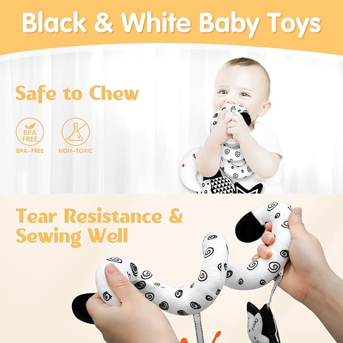 XIXILAND Car Seat Toys for Babies 0-6 Months & Black and White Baby Toys, Baby Toys 0-3 Months Developmental Infant Toys, High Contrast Baby Toys for Crib Mobile, Baby Toys Gift for 0 3 6 9 12 Months