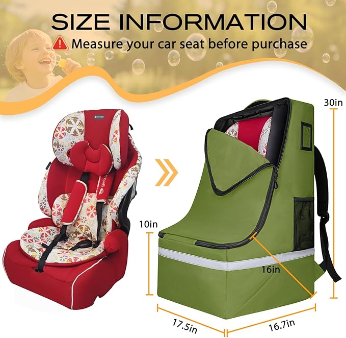 LARIPOP Car Seat Travel Bag for Airplane, Universal Gate Check Car Seat Bag, Padded Backpack with Waist Belt, Reflective Strips & Protective Feet, Fits Infant Convertible Booster Seats, Green